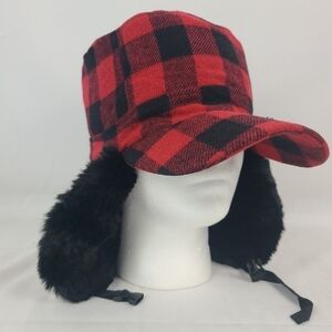 NEW Surell Kids Faux Fur Fudd Hat Black Red Plaid Ear Flaps Chin Clasp MSRP $62